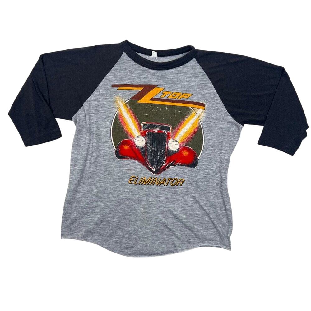 Vintage ZZ Top Rock Band Tee Eliminator 1983 Concert Raglan Graphic Gray Large